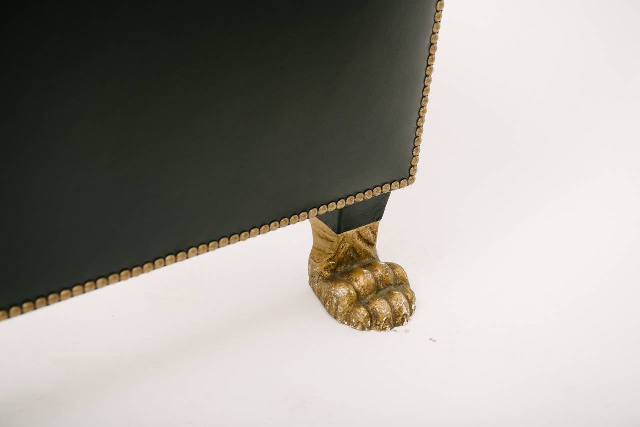 Custom Empire Style Queen Leather Bed with Carved Giltwood Lion Feet