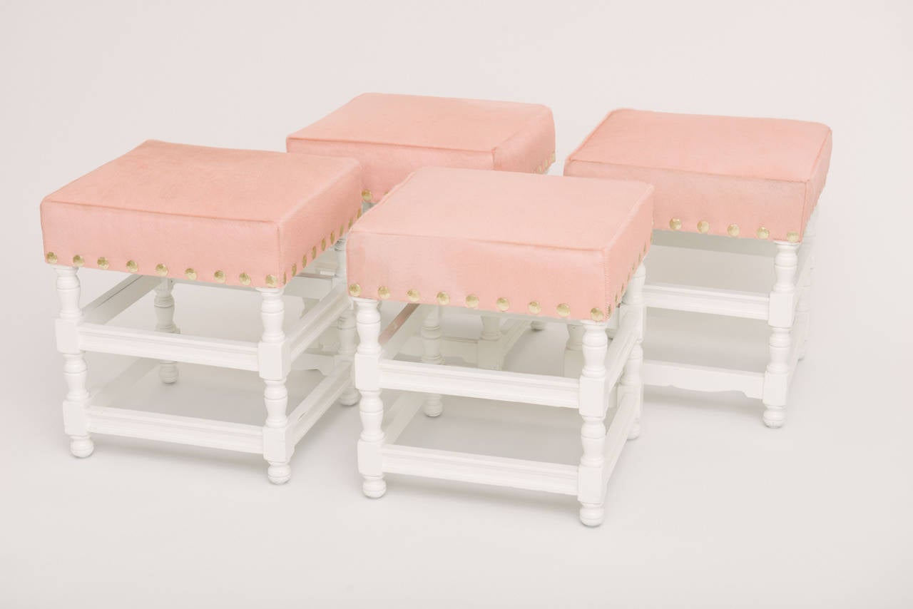 Dyed Pair of Custom White Lacquer Stools Upholstered in Pink Hide