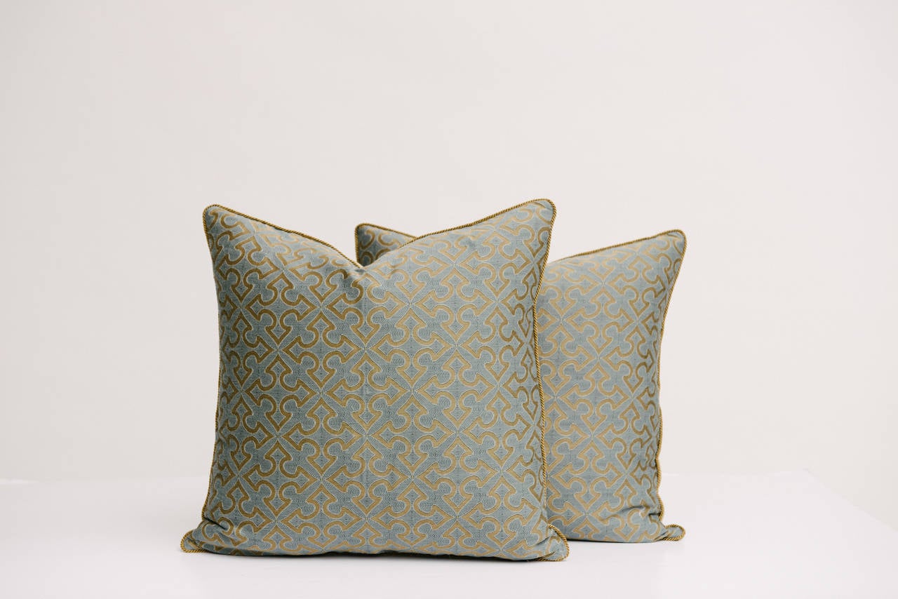 Custom pillow with bronze and gray romanesque pattern, backed with bronze silk velvet and metallic rope trim. Two available. Price is  per pillow.