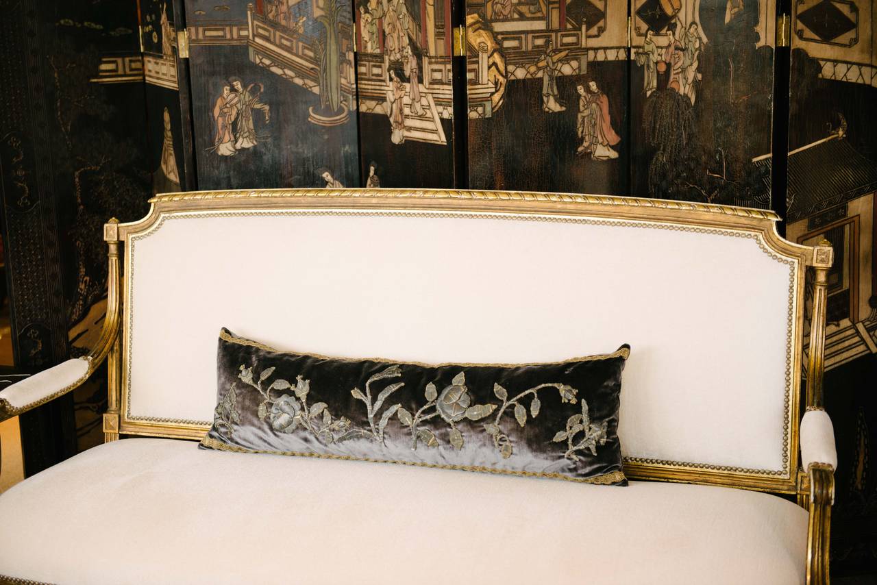 Silk Velvet and 19th Century Metallic Embroidered Appliqué Pillow 1