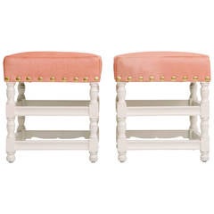 Pair of Custom White Lacquer Stools Upholstered in Pink Hide 12