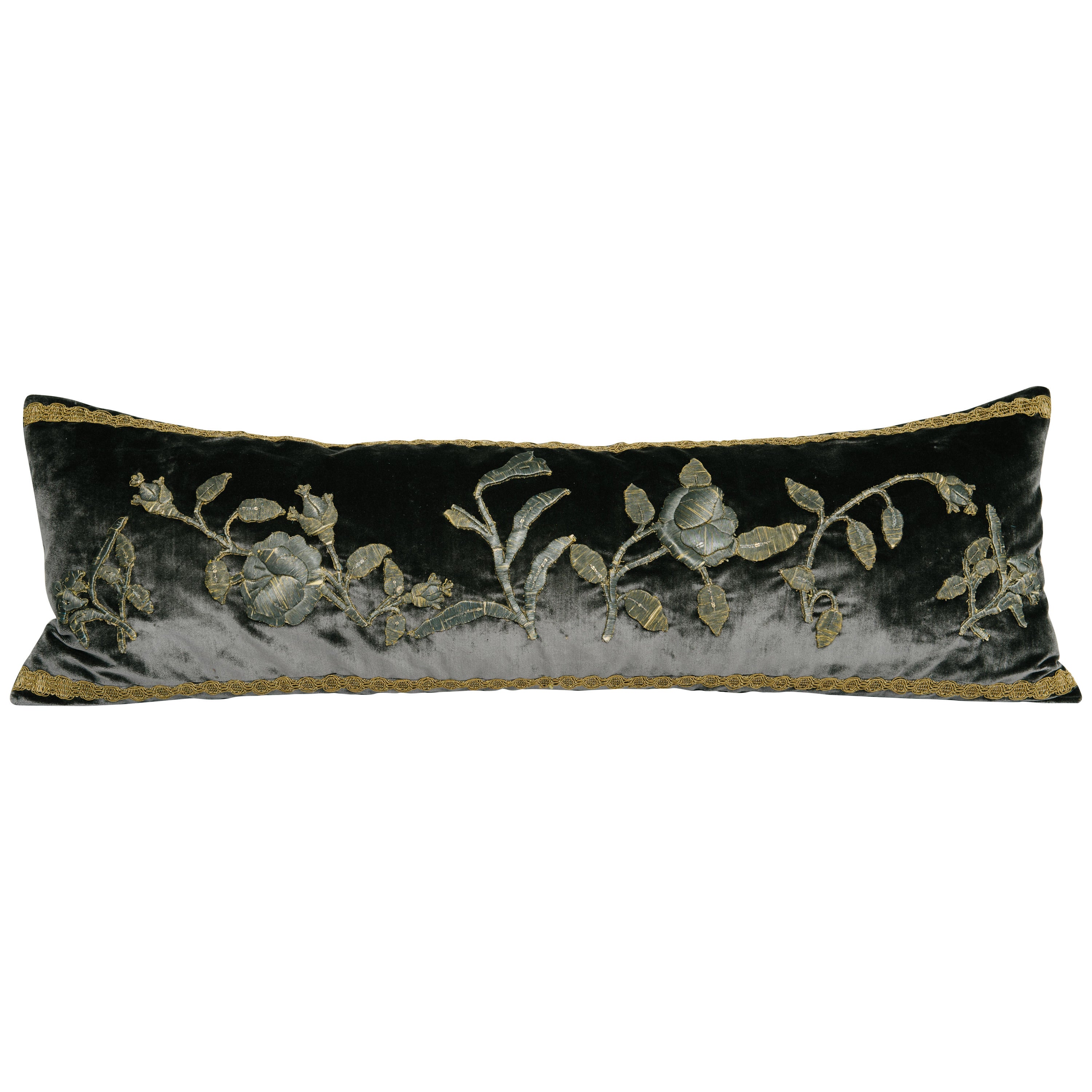 Silk Velvet and 19th Century Metallic Embroidered Appliqué Pillow