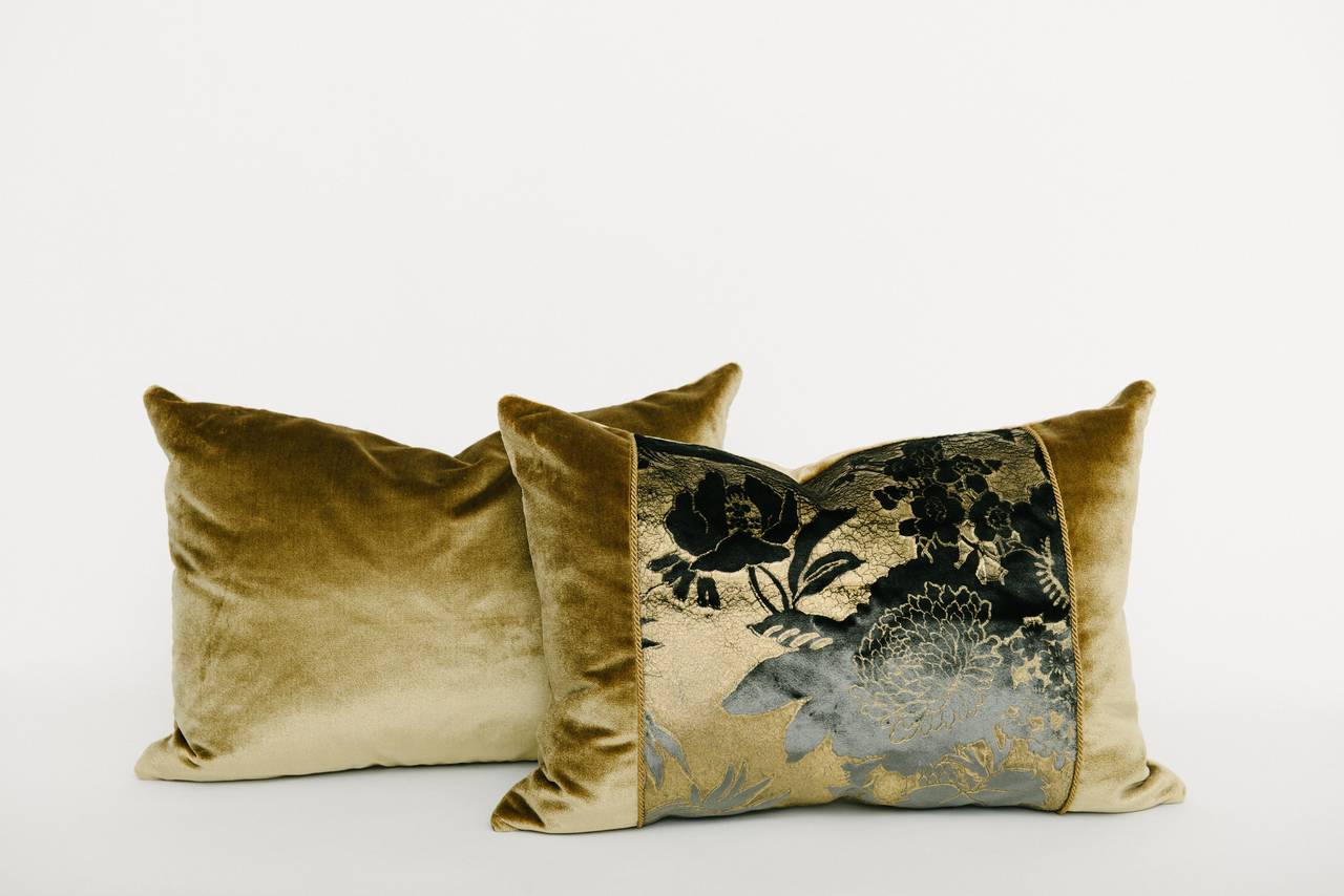 A luxurious painted silk velvet feather/down lumbar pillow with bronze silk velvet side panels, back and metallic rope trim detail. Three pillows available.