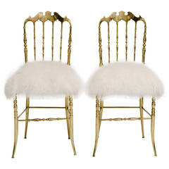 Pair of Brass Chiavari Chairs in Mongolian Fur