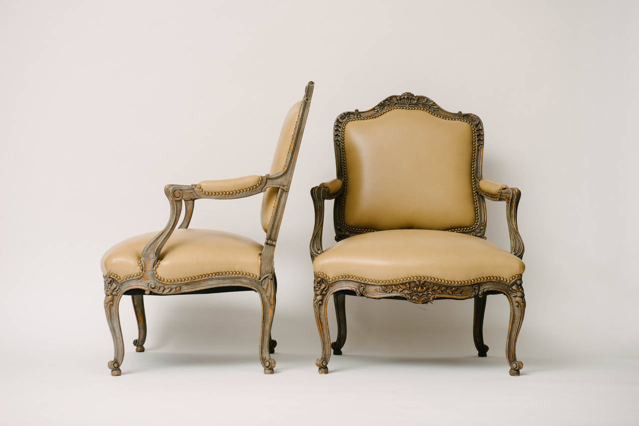 Carved Pair of 19th Century Painted Louis XV Fauteuils