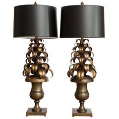 Pair of Vintage Tole Bronze Palm Lamps