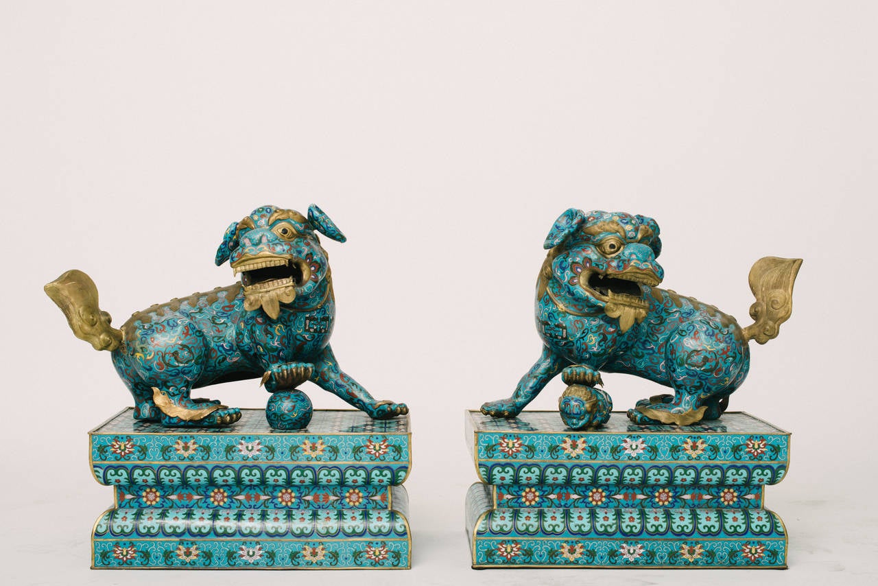 An exceptional palatial quality pair of 19th century Chinese cloisonné Fu dogs featuring gold gilding over copper.

Chinese cloisonné objects were intended primarily for the furnishing of temples and palaces, because their flamboyant splendor was
