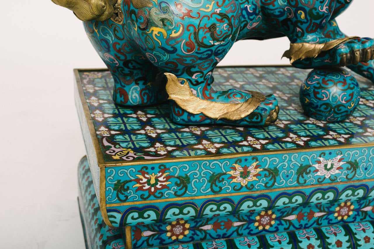Gilt 19th Century Chinese Cloisonné Fu Dogs For Sale