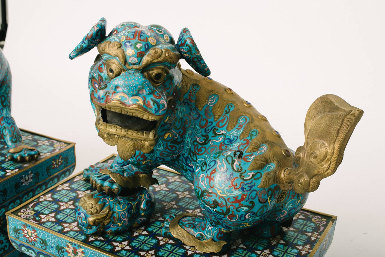 19th Century Chinese Cloisonné Fu Dogs In Good Condition For Sale In Houston, TX