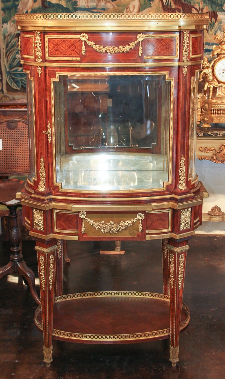 Exceptional kingwood and gilt bronze-mounted Louis XVI vitrine attributed to the workshop of Paul Sormani. In oval form, having beautifully detailed bronze mounts, intricate wood inlays, bronze reticulated galleries above and below, and resting on