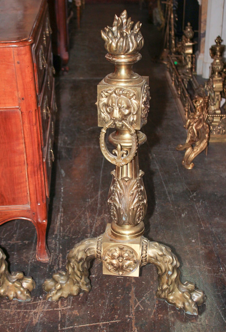 Gilt Monumental Pair of French Bronze Andirons