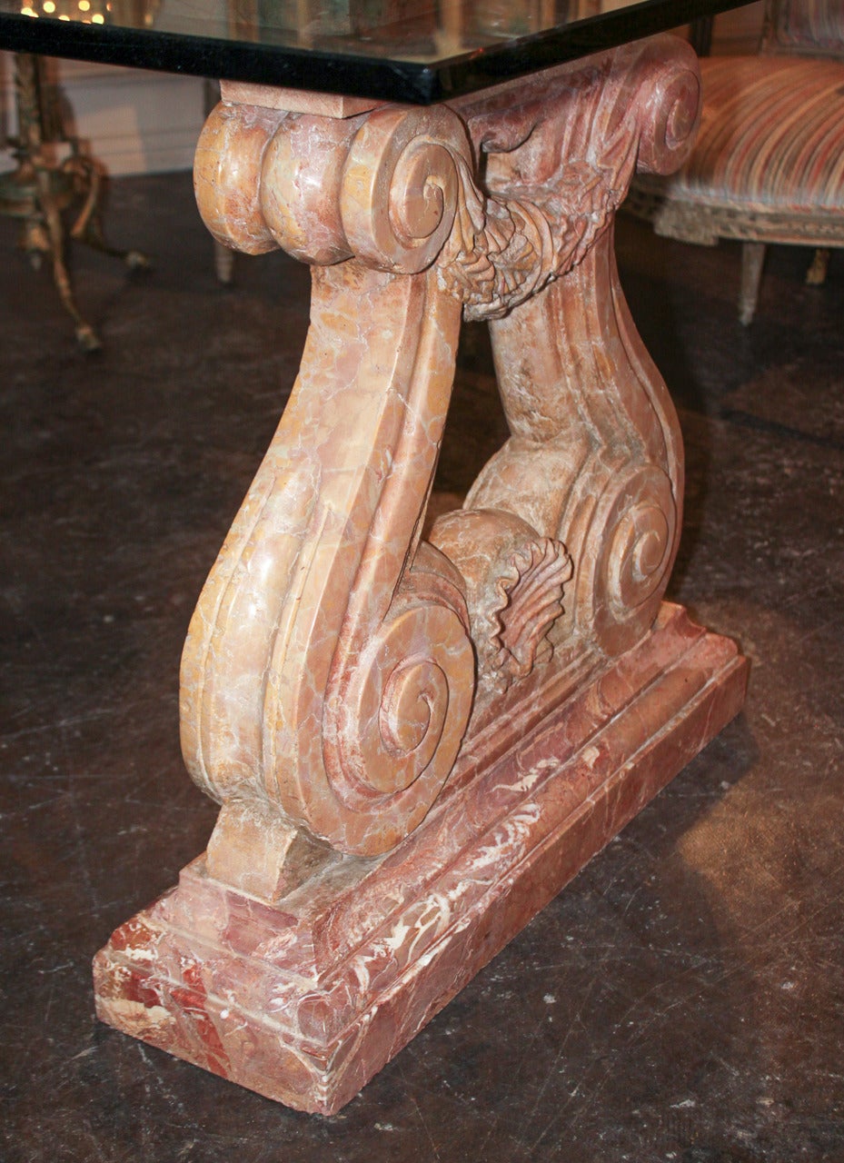 Sensational Italian carved and sculpted table bases in classical lyre design with later applied thick glass tabletop. Having graceful sculpted curves and adorned with shell motif. 