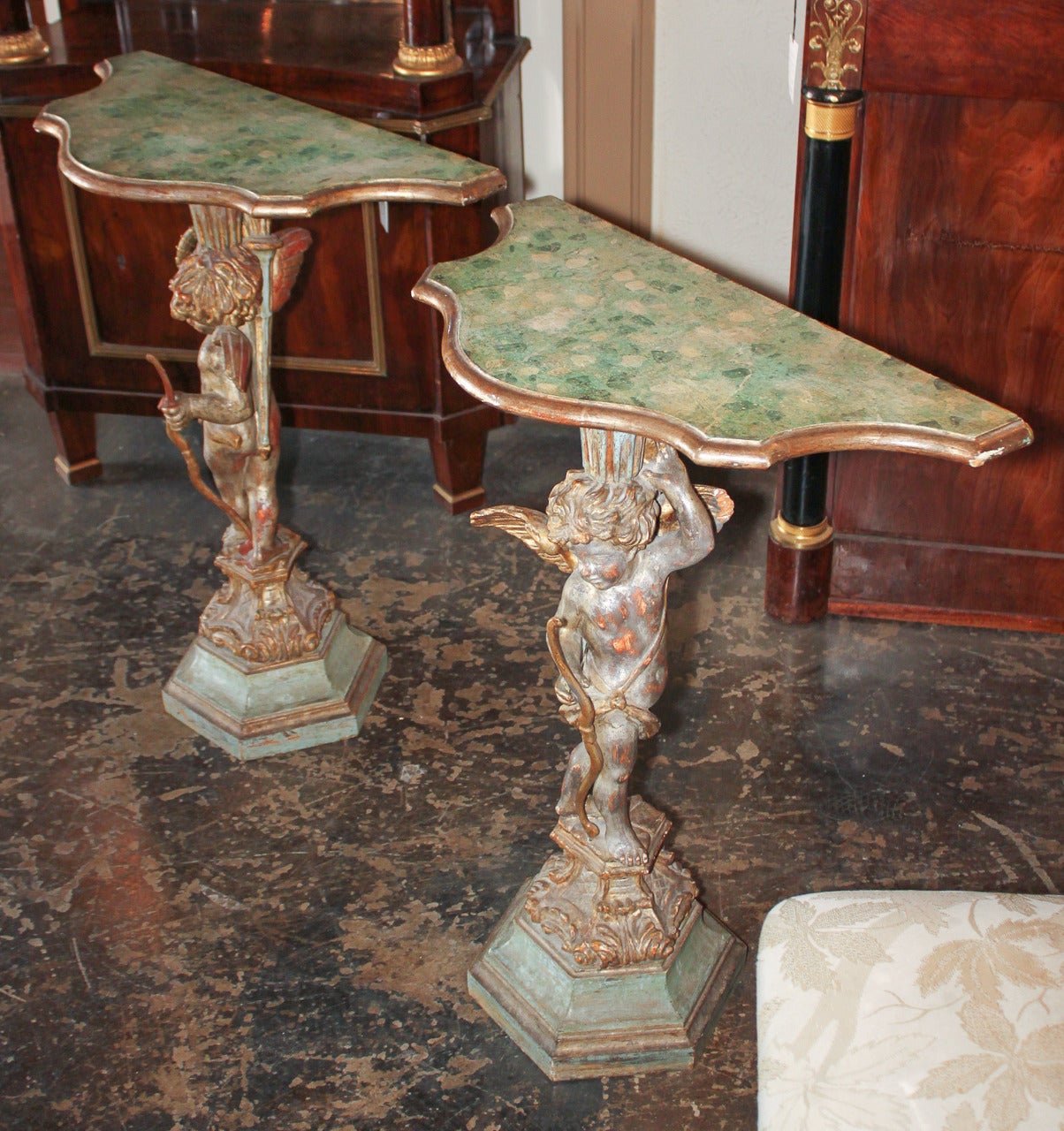 Wood 19th Century Pair of Italian Polychrome Side Tables