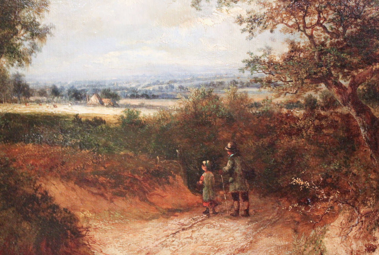 Marvelous English oil on canvas landscape painting signed "J. Thurs".  Having rich colorful cottage scene of father and daughter walking along rural road. 