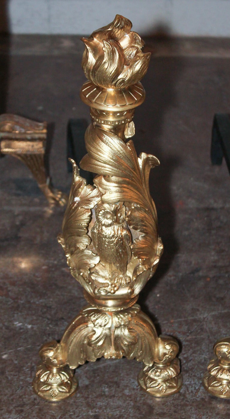 Rare Pair of 19th Century Bronze Doré Chenets 1