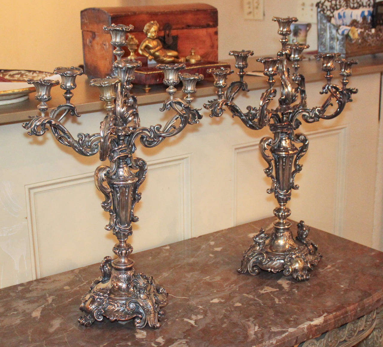 Bronze Superb Pair of Continental Silvered Candelabra For Sale