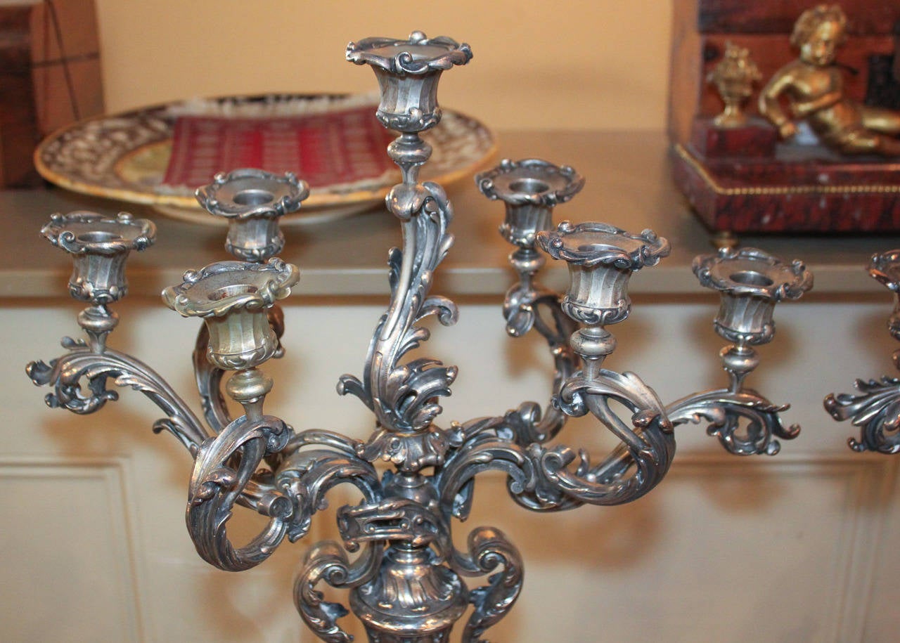 Superb Pair of Continental Silvered Candelabra In Good Condition For Sale In Dallas, TX