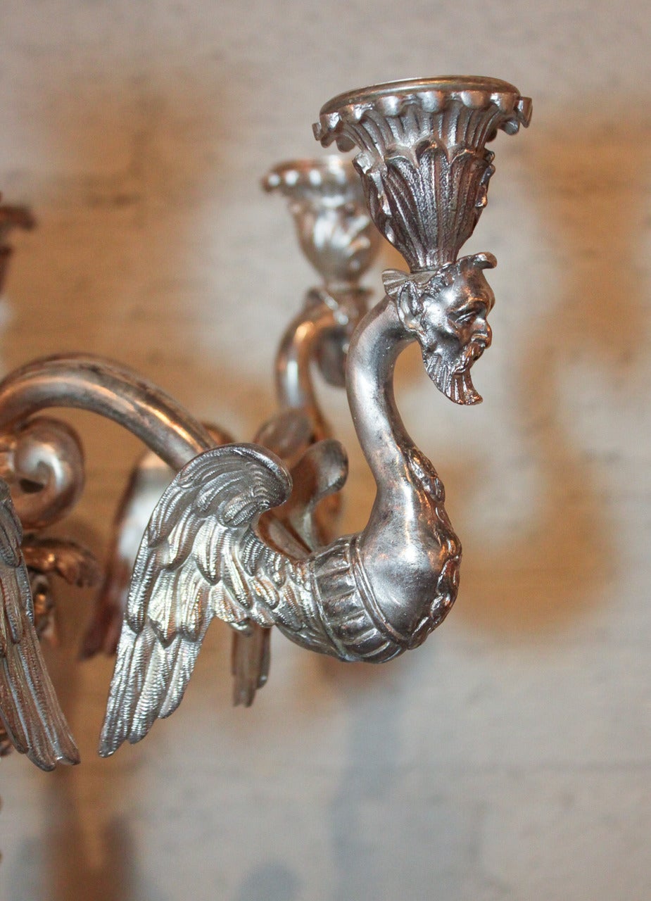 Early 20th Century Pair of Continental Silvered Bronze Candelabra