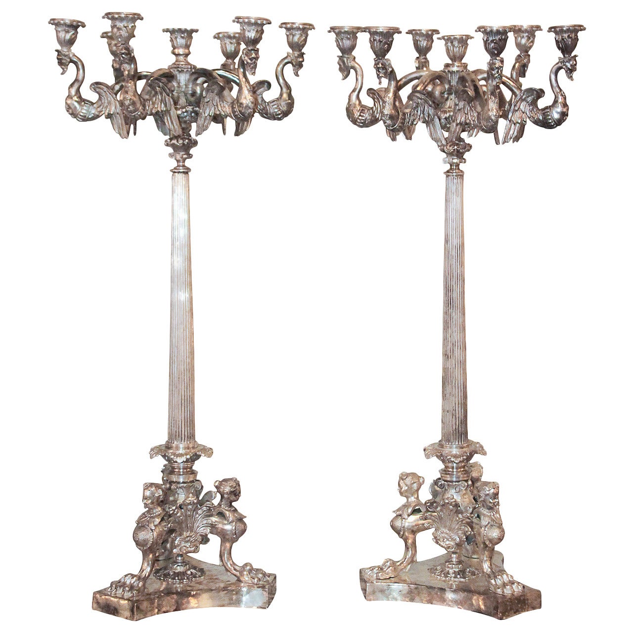 Pair of Continental Silvered Bronze Candelabra