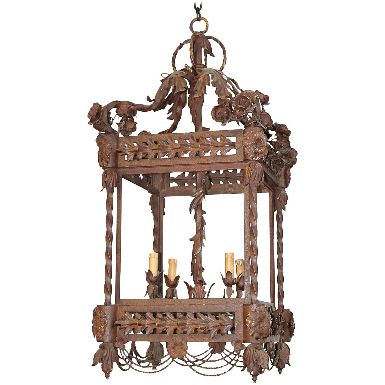 Fine Quality French Heavy Wrought Iron Lantern For Sale