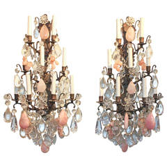 Antique Superb Pair of French Crystal and Pink Quartz Sconces