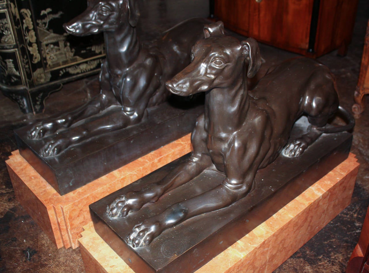 20th Century Pair of Bronze Whippets on Marble Bases