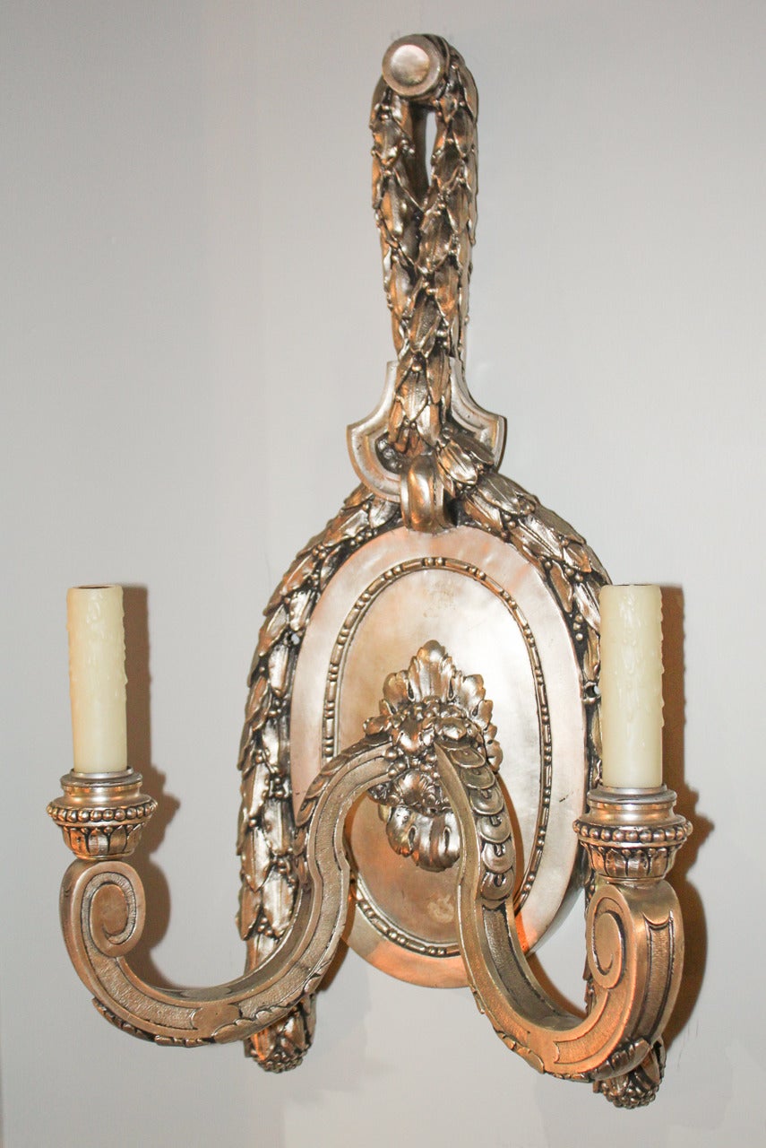 Bronze Pair of French Silvered Wall Sconce