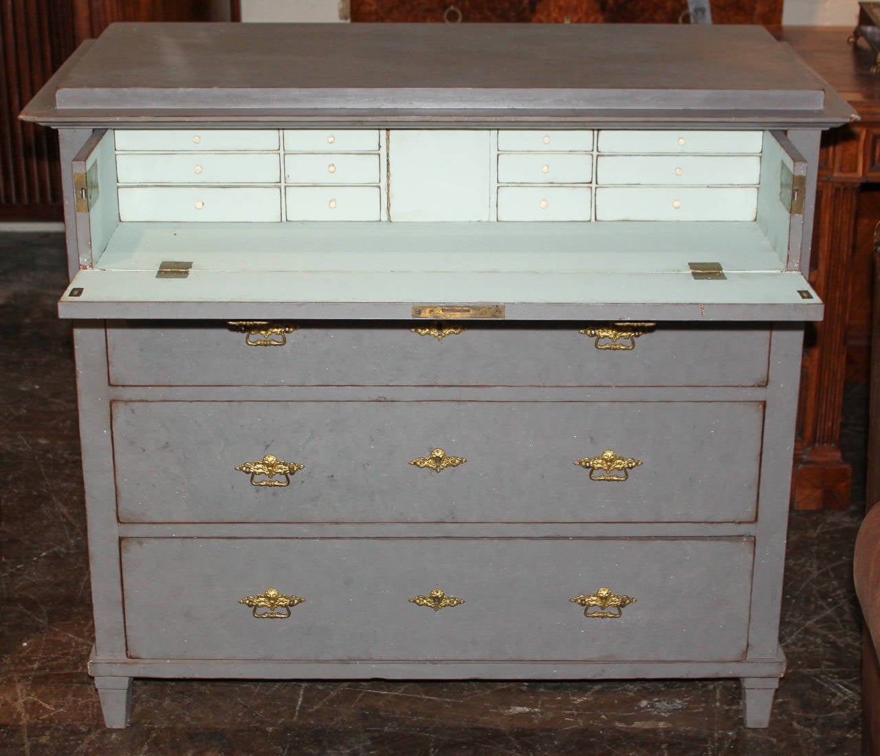 Versatile 19th c. Swedish secretary 3 drawer commode.  Having brass mounts, fitted secretary in top drawer, and wonderful painted finish.  Ready for your designer touch!