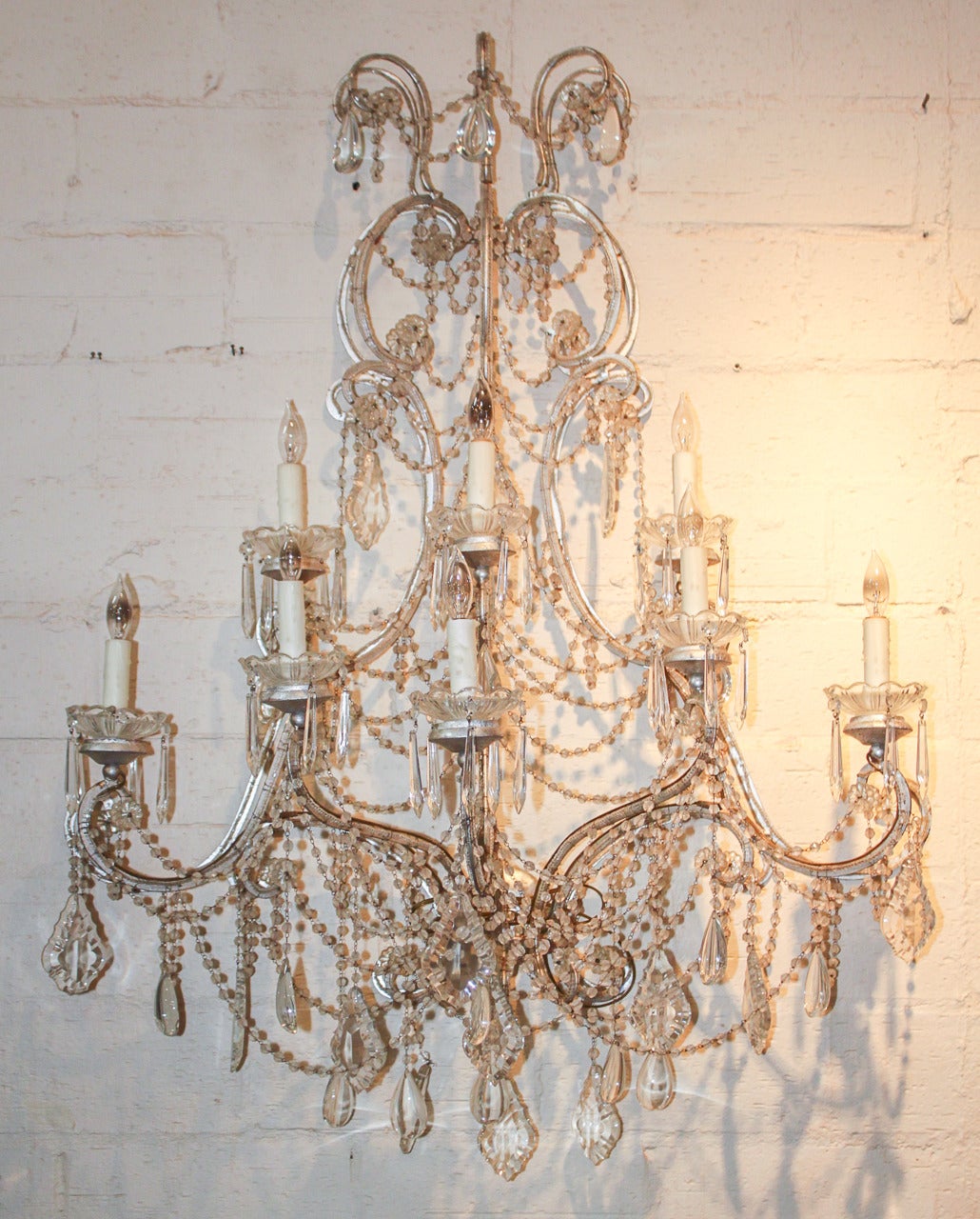 Crystal Large Pair of Italian Beaded Sconce For Sale