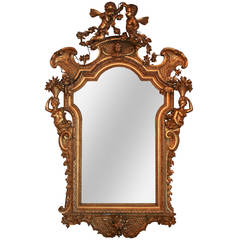Rare 19th c. French Rococo Giltwood Cherub Mirror