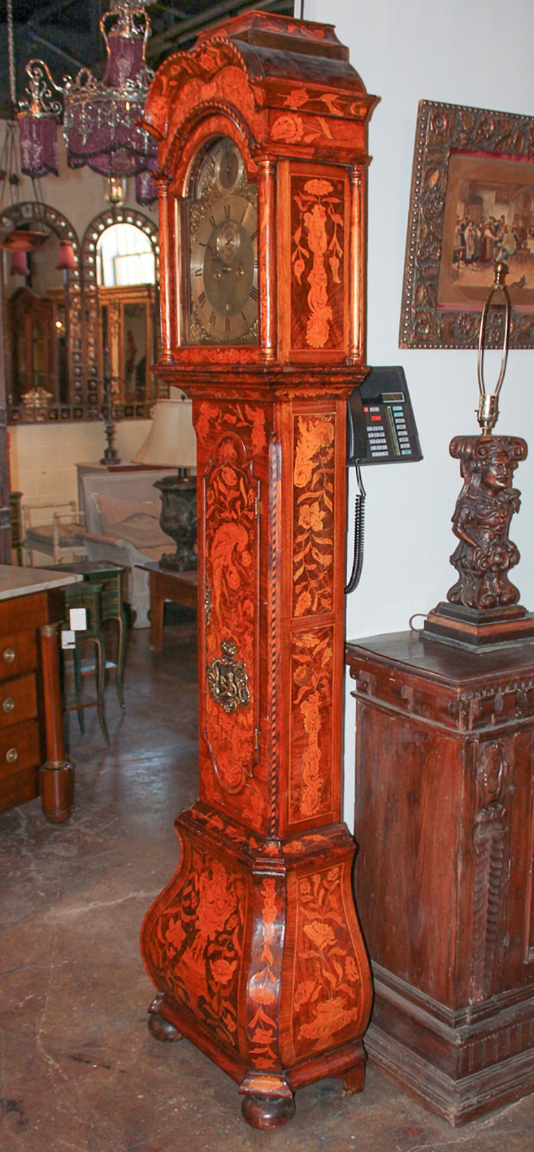 Exceptional 19th c. Dutch Marquetry Grandfather Clock In Good Condition In Dallas, TX