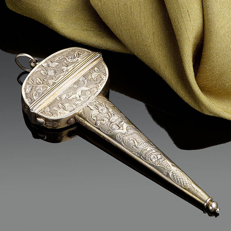 A Silver Gilt Scissor Case, Makers mark for Pierre Harache: finely engraved with foliage, birds and animals and displaying craftsmanship of a quality to be expected of this Huguenot maker