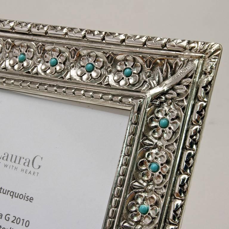 Hand-Crafted Italian Modern Arts & Crafts Silver Flower Picture Frame, Harmony Turquoise