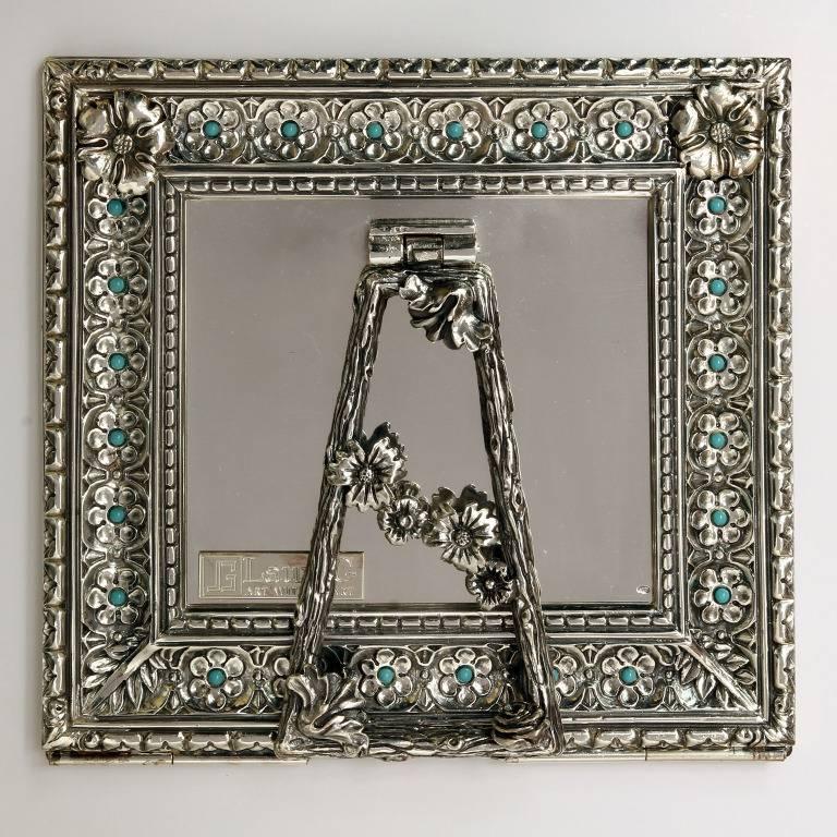 Italian Modern Arts & Crafts Silver Flower Picture Frame, Harmony Turquoise In Good Condition In Sarezzo, IT