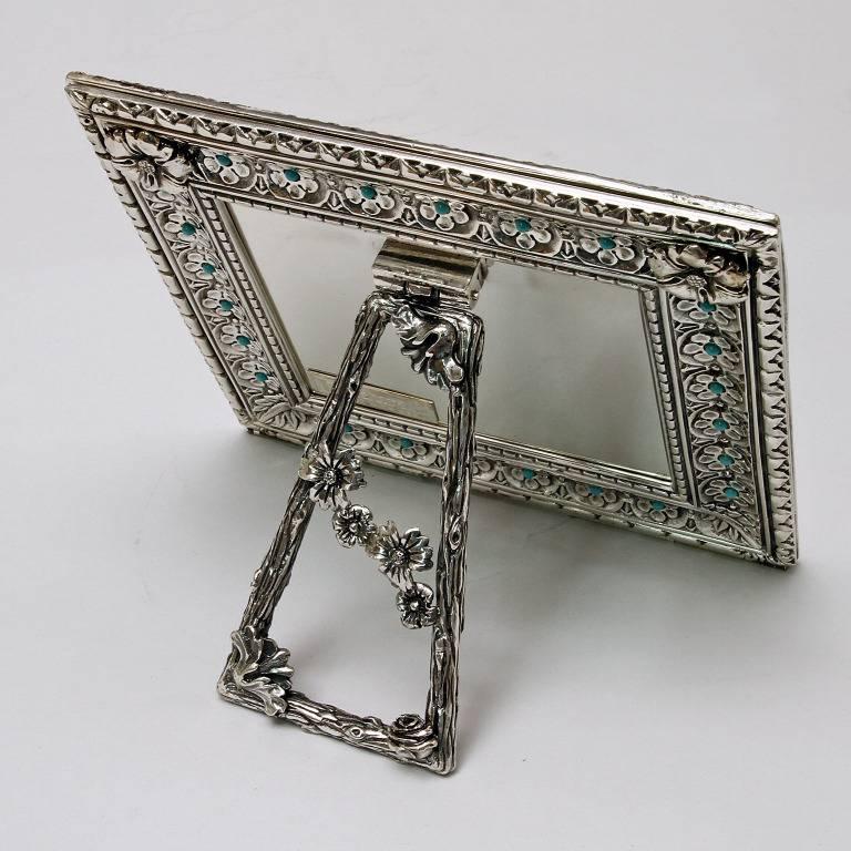 Italian Modern Arts & Crafts Silver Flower Picture Frame, Harmony Turquoise 1