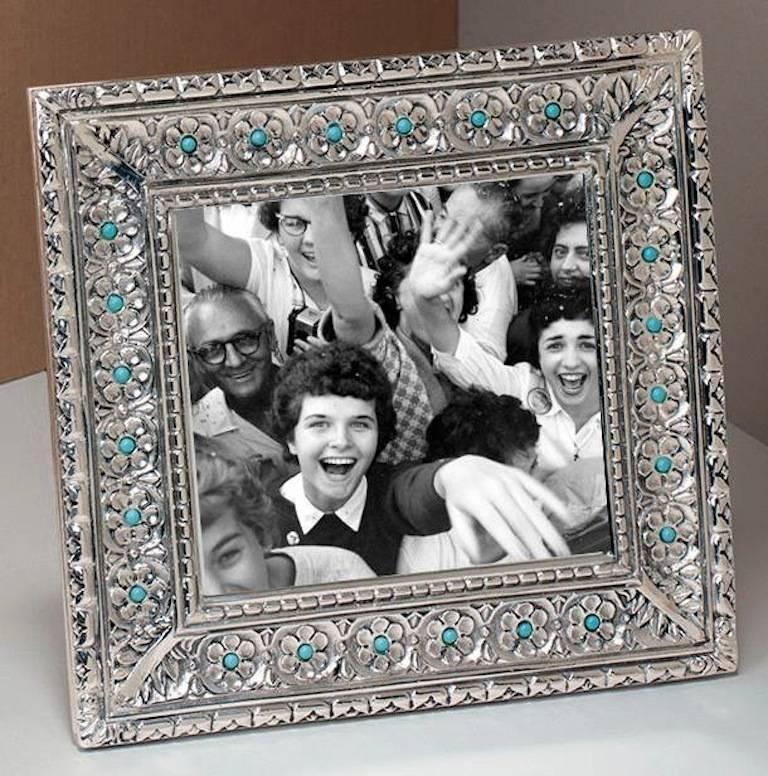 Italian Modern Arts & Crafts Silver Flower Picture Frame, Harmony Turquoise 3