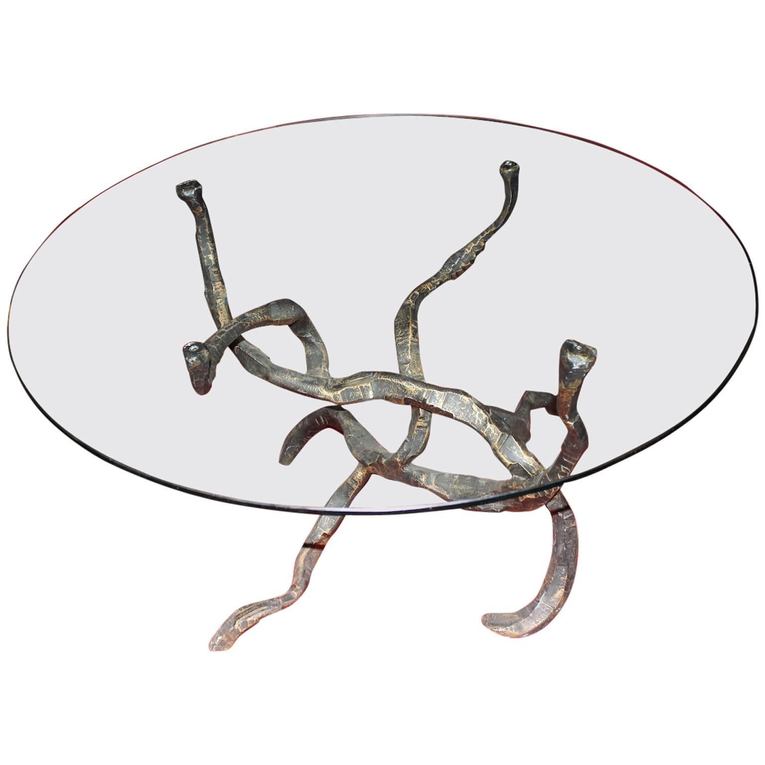 Salvino Marsura Brutalist Forged Iron Round Dining Table with Glass Top, 1970s 