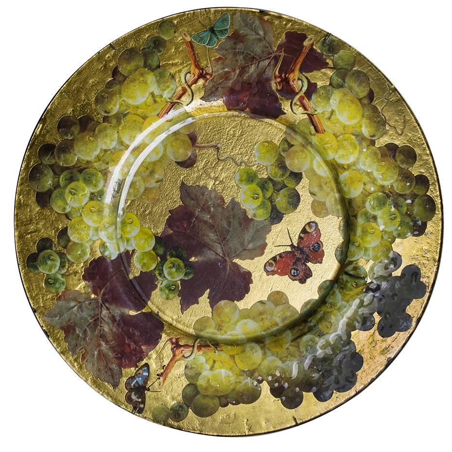 Piatto da parete grande in vetro dorato con découpage di uva 