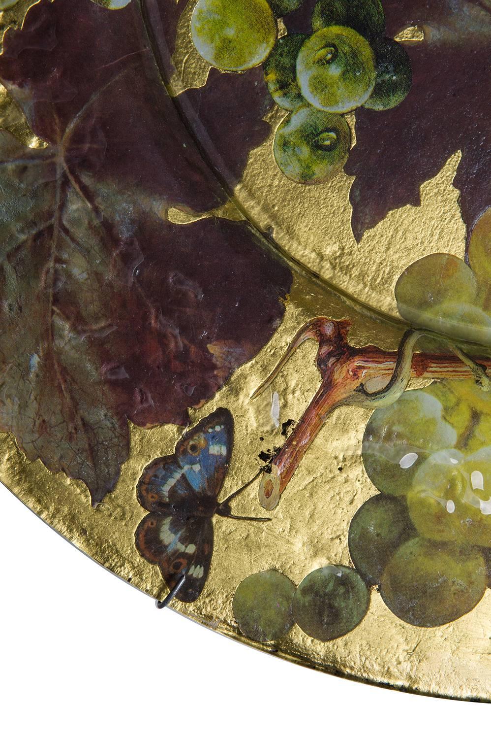 Appliqué Gold-foiled Glass Large Wall Dish with Grapes Découpage  For Sale