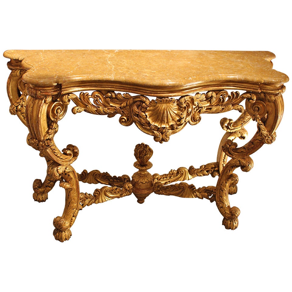 18th Century Rococo Gilded and Carved Wood Spanish Console Table with Marble Top For Sale
