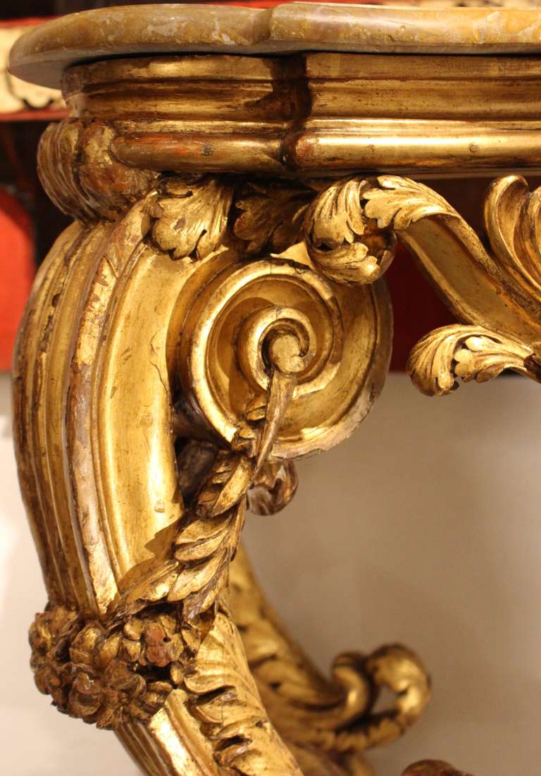 Giltwood 18th Century Rococo Gilded and Carved Wood Spanish Console Table with Marble Top For Sale