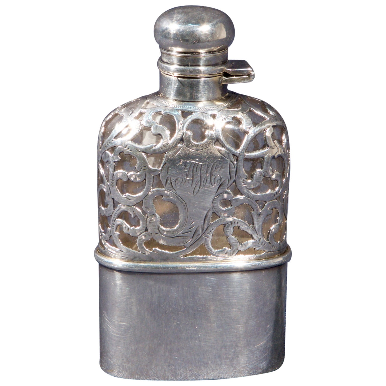  Sterling Silver and Glass Whiskey Pocket Flask, 1920s For Sale