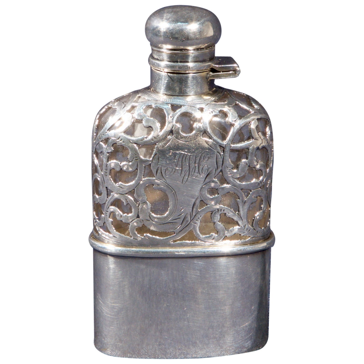 Petaca de bolsillo para whisky, plata de ley y cristal, años 20 en venta