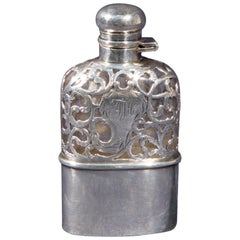 Petaca de bolsillo para whisky, plata de ley y cristal, años 20