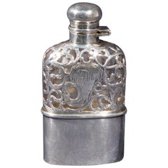 Antique  Sterling Silver and Glass Whiskey Pocket Flask, 1920s