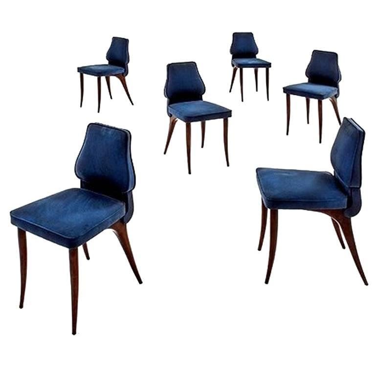 Aldo Morbelli Midcentury Wood Beech and Blue Fabric Italian Chairs, circa 1950 For Sale