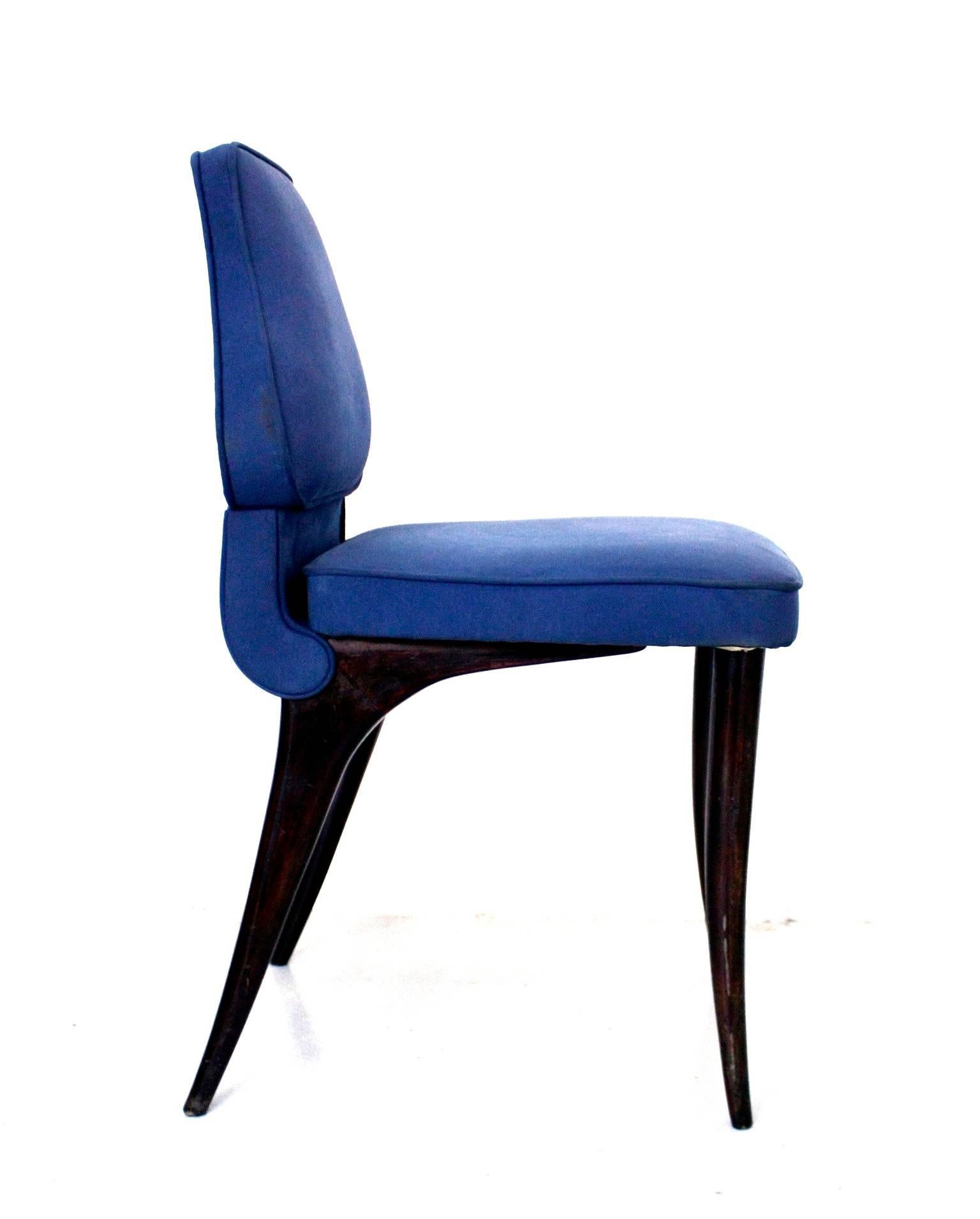 Mid-Century Modern Aldo Morbelli Midcentury Wood Beech and Blue Fabric Italian Chairs, circa 1950 For Sale