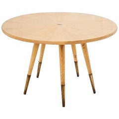 Gio Ponti Midcentury Ash Wood Italian Round Table with Brassed Tipped Legs, 1950