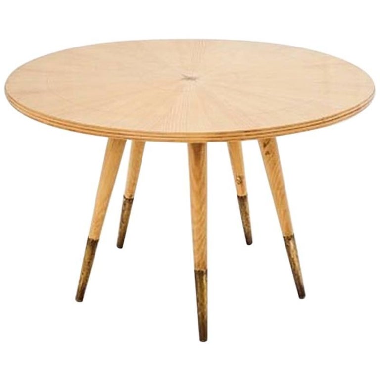 Gio Ponti Midcentury Ash Wood Italian Round Table With Brassed Tipped Legs 1950