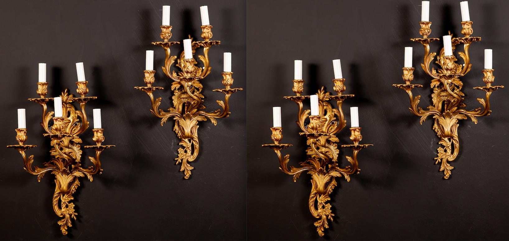 Pair of 19th Century Louis XV Style Gilt Bronze Five Arms French Sconces, 1890s In Excellent Condition In Rome, IT